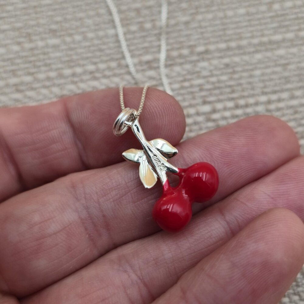 18 Inch Sterling Silver Double Cherry Pendant Necklace A5506 - Picture 3 of 6